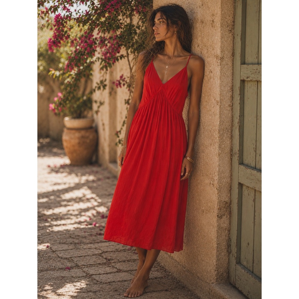Gibson Latimer Womens Red Tiered V-Neck Sleeveless Maxi Dress Size M RN 58909